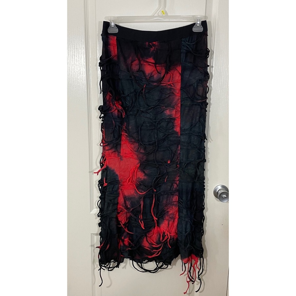 Whimsigoth Tie Dye Shredded Fringe Maxi Skirt 1XL Red Black Goth Punk Halloween